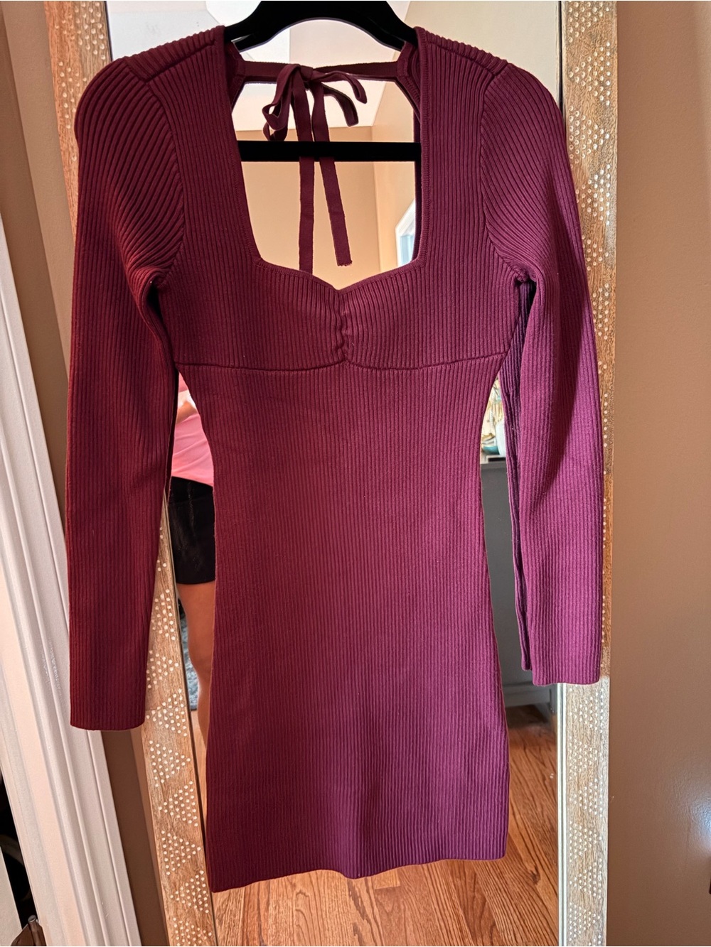 Hollister Ribbed Tie-Back Square Neck Mini Dress in Burgundy